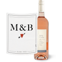 Belle Emilie Rosé etiket met hartje, eigen initialen en datum