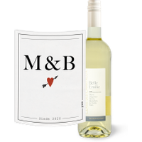 Belle Emilie Blanc etiket met hartje, eigen initialen en datum