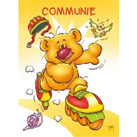Onhandige beer op skates feliciteert met communie