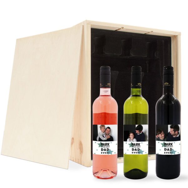 Vaderdag wijnpakket met bedrukt etiket - Merlot, Syrah en Sauvignon Blanc