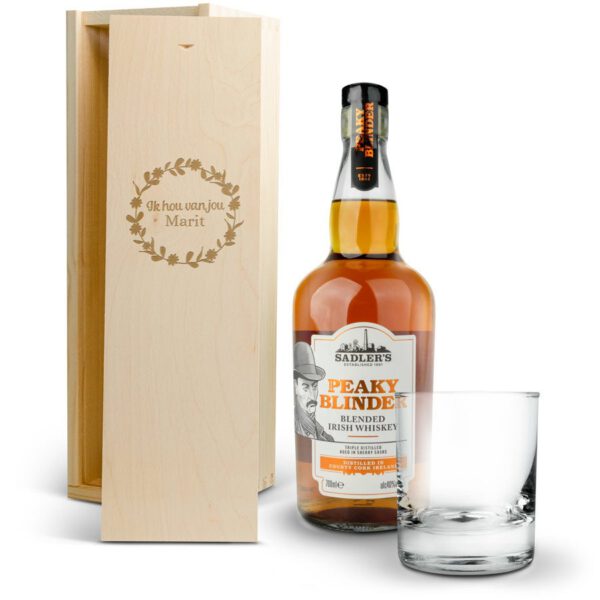 Peaky Blinders whiskeypakket met glas in gegraveerde kist