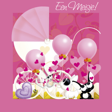 Kaart kinderwagen, ballonen en konijtjes