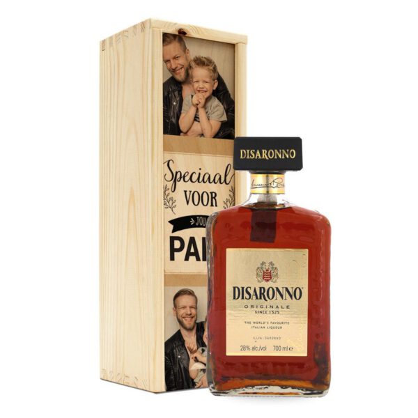 Likeur in bedrukte kist - Amaretto Disaronno