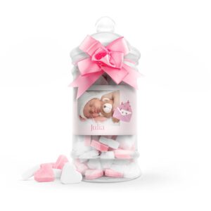 Suikerhartjes in bedrukte babyfles (roze) - groot