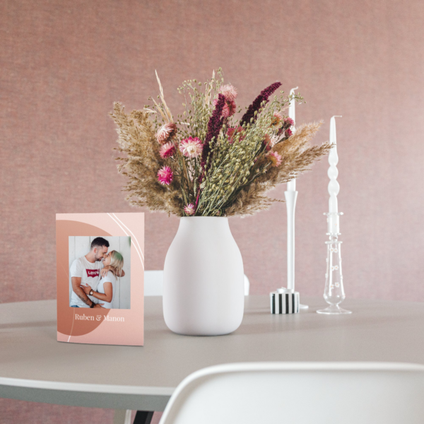 Droogbloemen boeket roze met gepersonaliseerde kaart