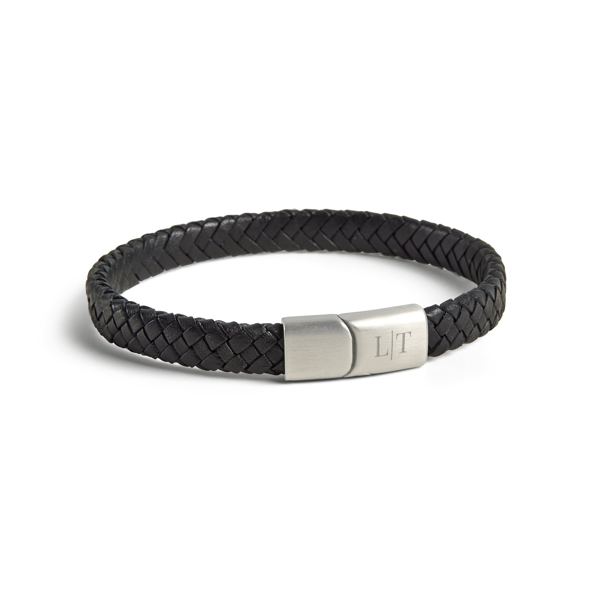 Luxe enkele heren armband leer graveren - Zwart - M