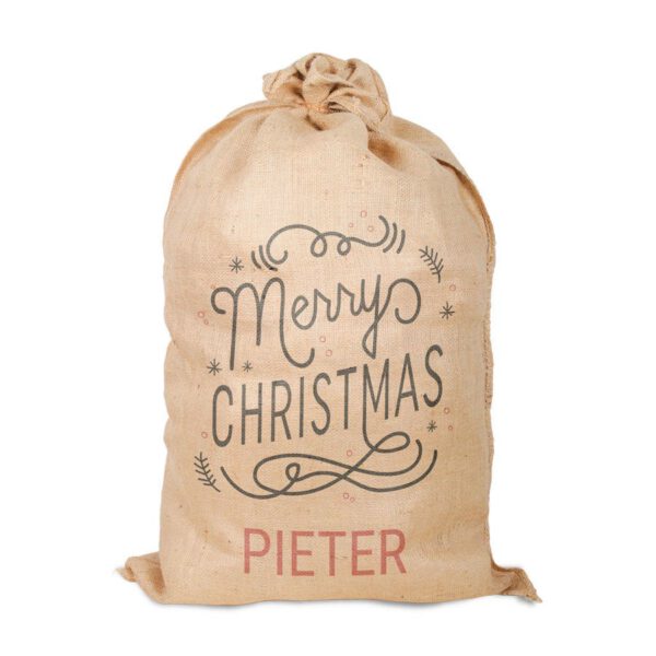 Jute kerstzak met naam bedrukt